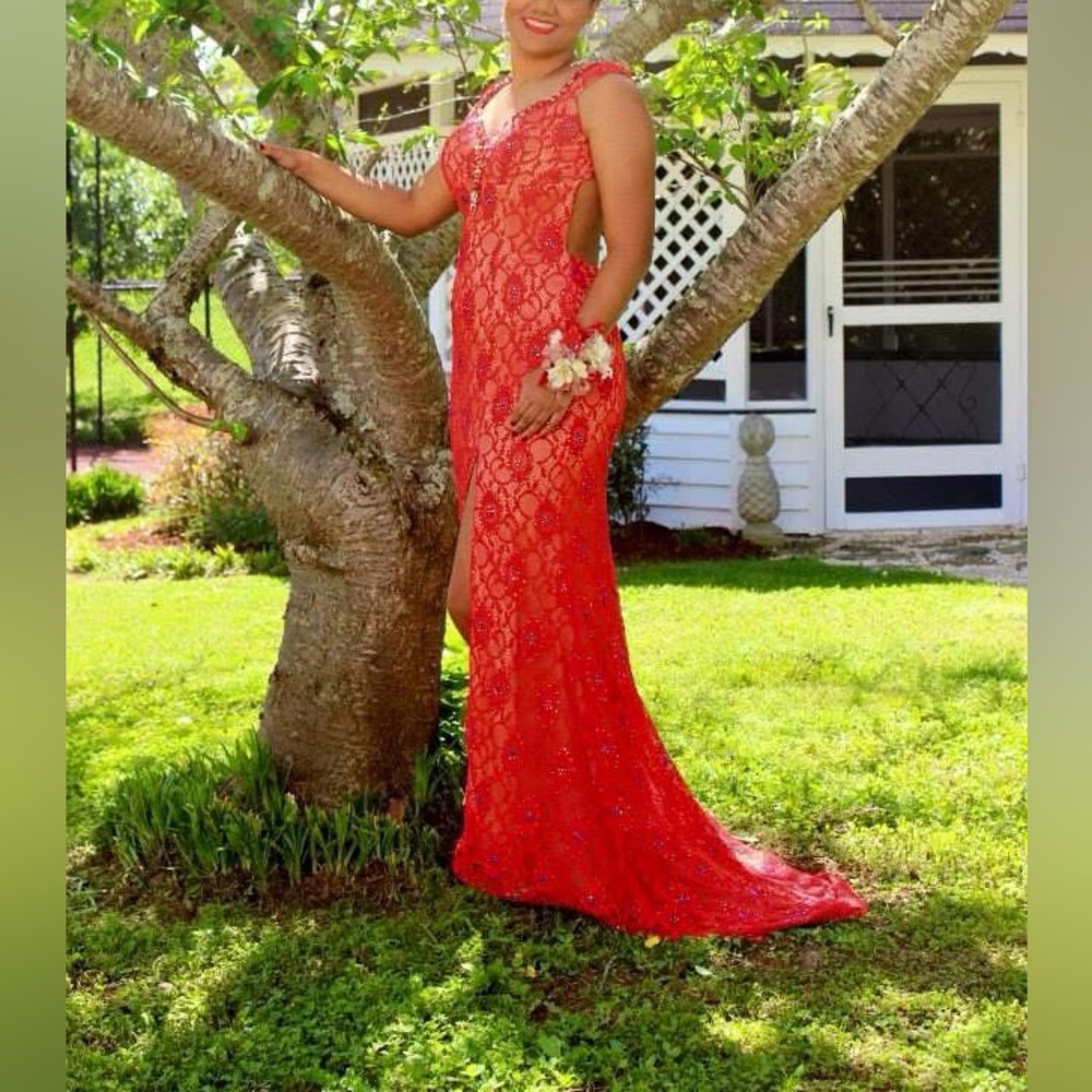 Johnathan Kayne Vibrant Red Lace Prom Dress
